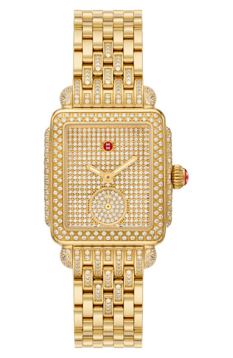MICHELE Deco Mid Jubilee Limited Edition Diamond Pavé Chronograph Bracelet Watch, 29mm x 31mm, Main, color, Gold