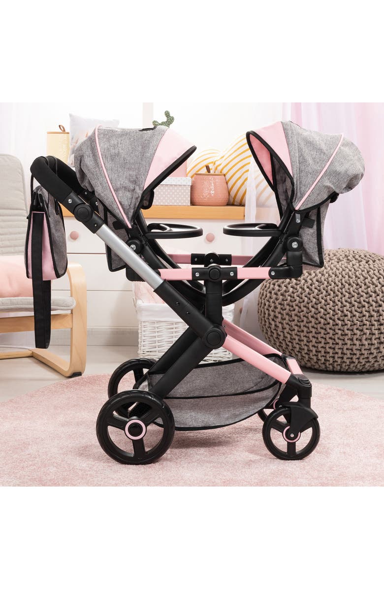 Bayer Design Xeo Twin Pram Butterfly Grey & Pink Matching Handbag, Dolls 20 Inches, Alternate, color, Multicolored