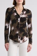 T Tahari Print Long Sleeve Knit Button-Up Shirt