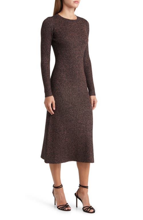Zoe And Claire Metallic Long Sleeve Midi Sweater Dress In Brown
