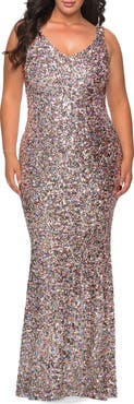 La Femme Floor Length Multi Colored Sequin Plus Size Dress
