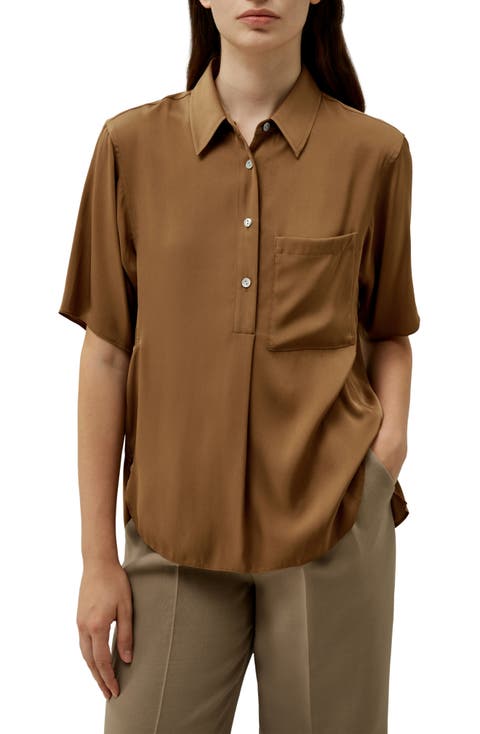 Women's Half-Placket Short Sleeve Button Up Streachy Silk Shirt
