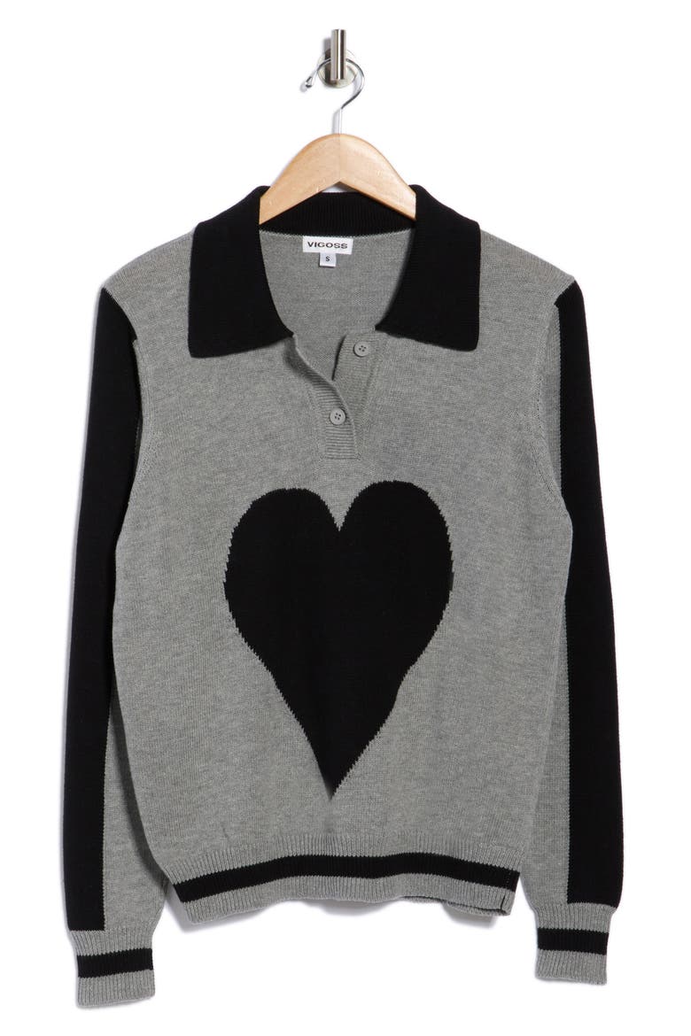 Intarsia Heart Cotton Polo Sweater, Alternate, color, HEATHER GREY