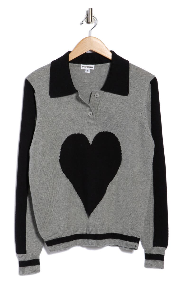 Vigoss Intarsia Heart Cotton Polo Sweater, Alternate, color, Heather Grey