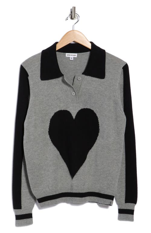 Vigoss Intarsia Heart Cotton Polo Sweater In Gray