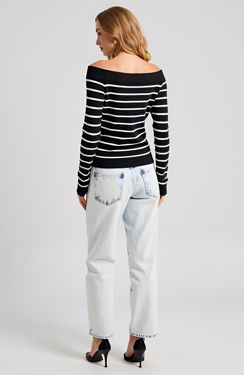 Modenaire Striped Off-the-Shoulder Knit Long-Sleeve Fitted Top, Alternate, color, Black / White Stripes