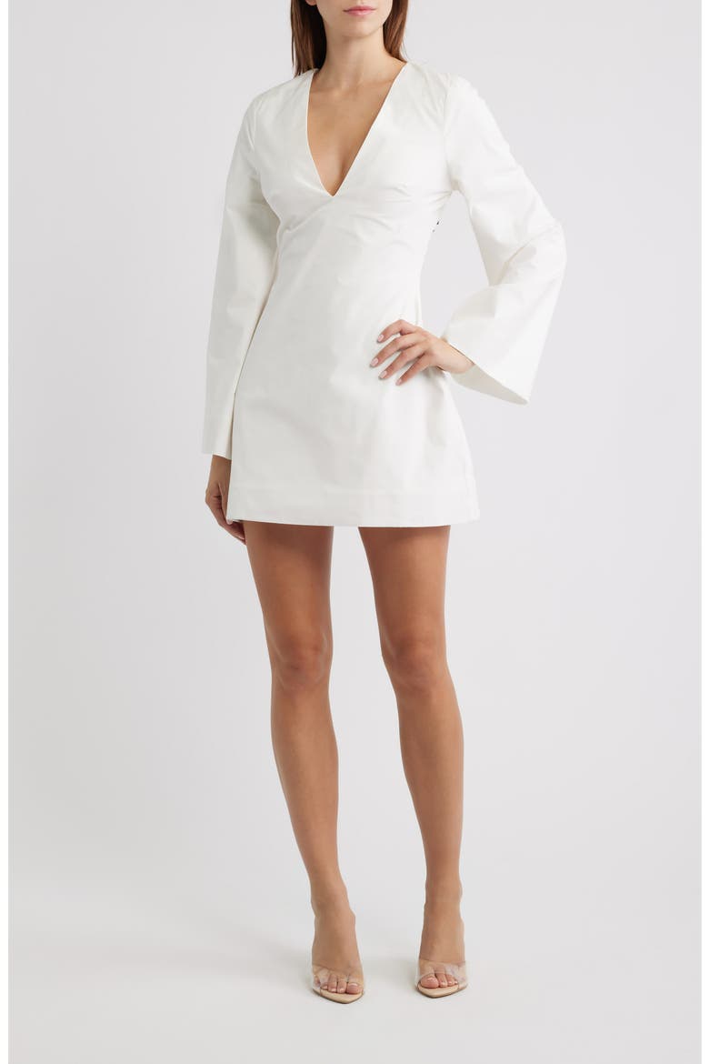 Isha Plunge Neck Bell Sleeve Cotton Minidress, Main, color, WHITE