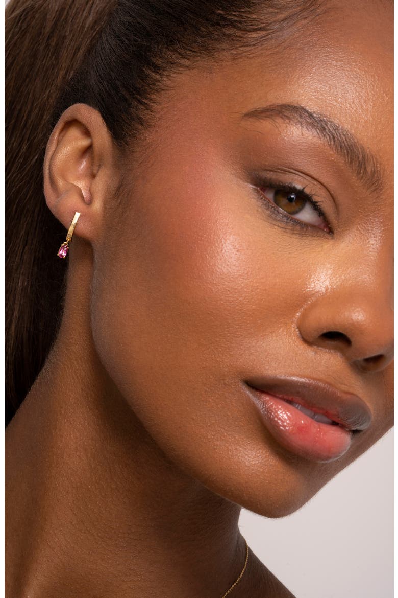 Pink Topaz Drop Hoop Earrings (Nordstrom Exclusive), Alternate, color, 14K YELLOW GOLD