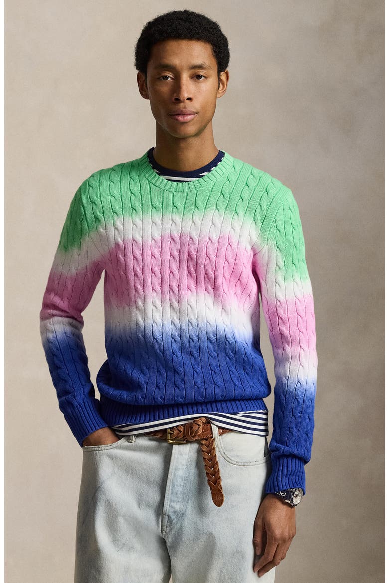 Dip Dye Cable Stitch Cotton Crewneck Sweater, Alternate, color, GREEN MULTI