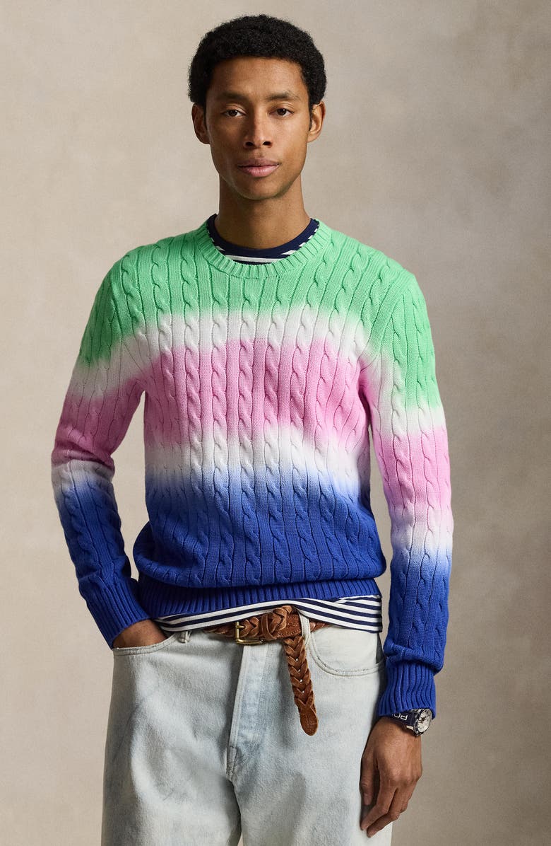 Polo Ralph Lauren Dip Dye Cable Stitch Cotton Crewneck Sweater, Alternate, color, Green Multi