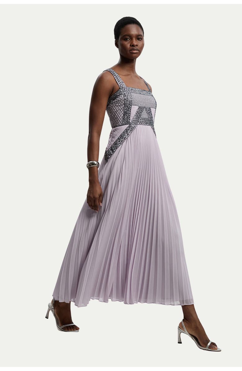 Karen Millen Embellished Pleated Woven Midi Dress, Main, color, Lilac