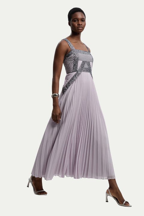 Embellished Pleated Woven Midi Dress