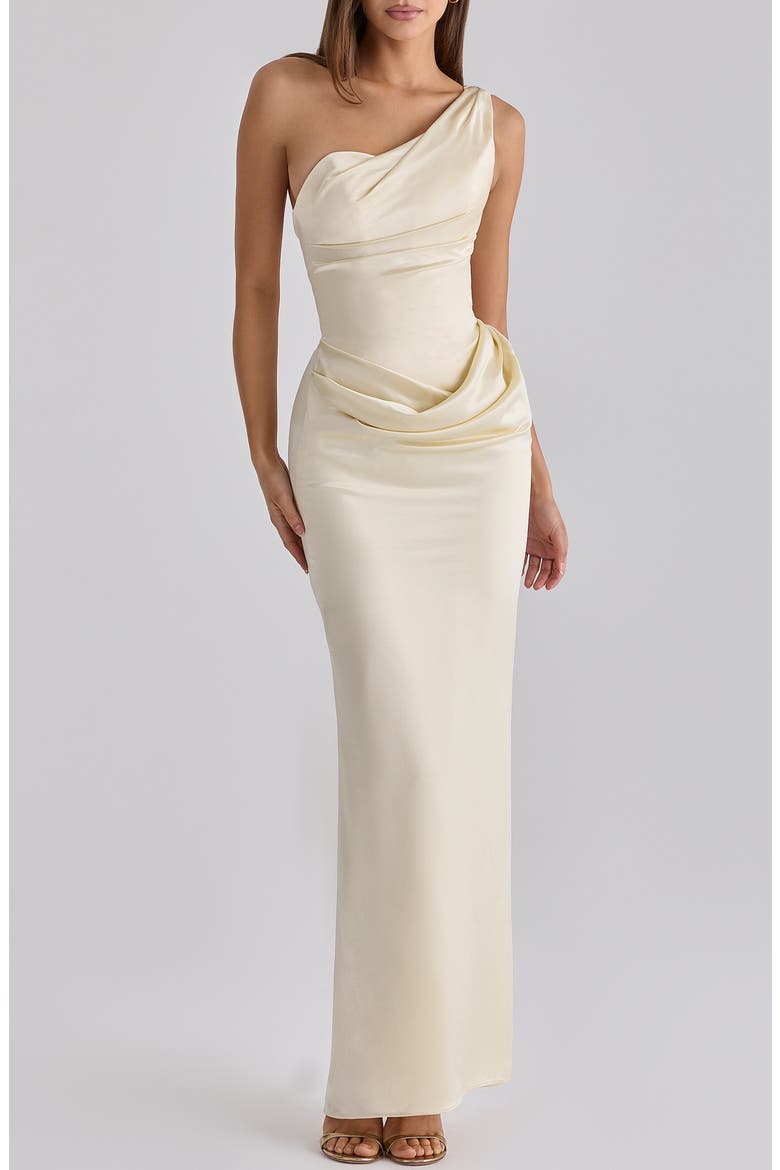 Caprice One-Shoulder Satin Gown, Alternate, color, LEMON