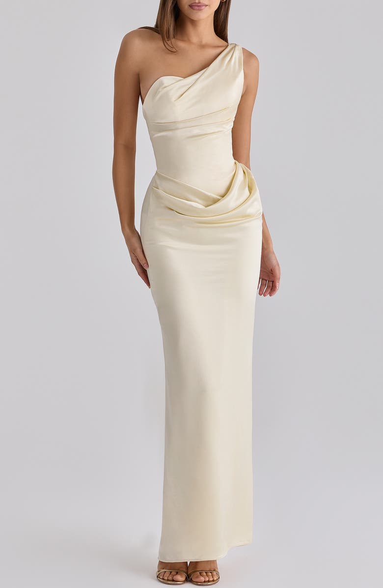 HOUSE OF CB Caprice One-Shoulder Satin Gown, Alternate, color, Lemon