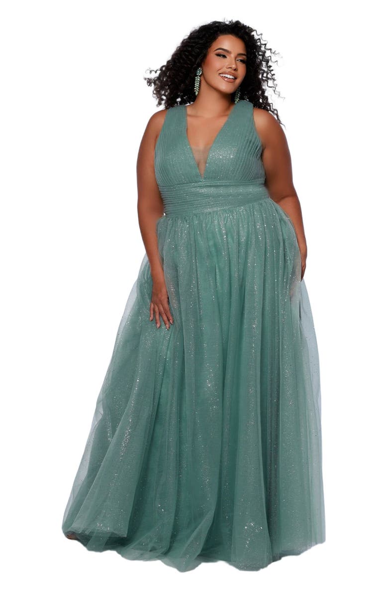 Sydney's Closet V-Neckline Bra-Friendly Plus Size A-line Gown with Bows, Main, color, Sage