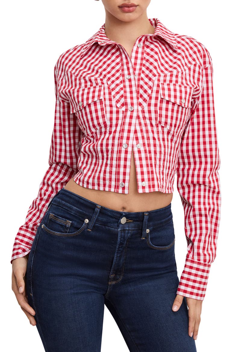 Dolly Country Corset Shirt, Main, color, CRIMSON AND WHITE GINGHAM