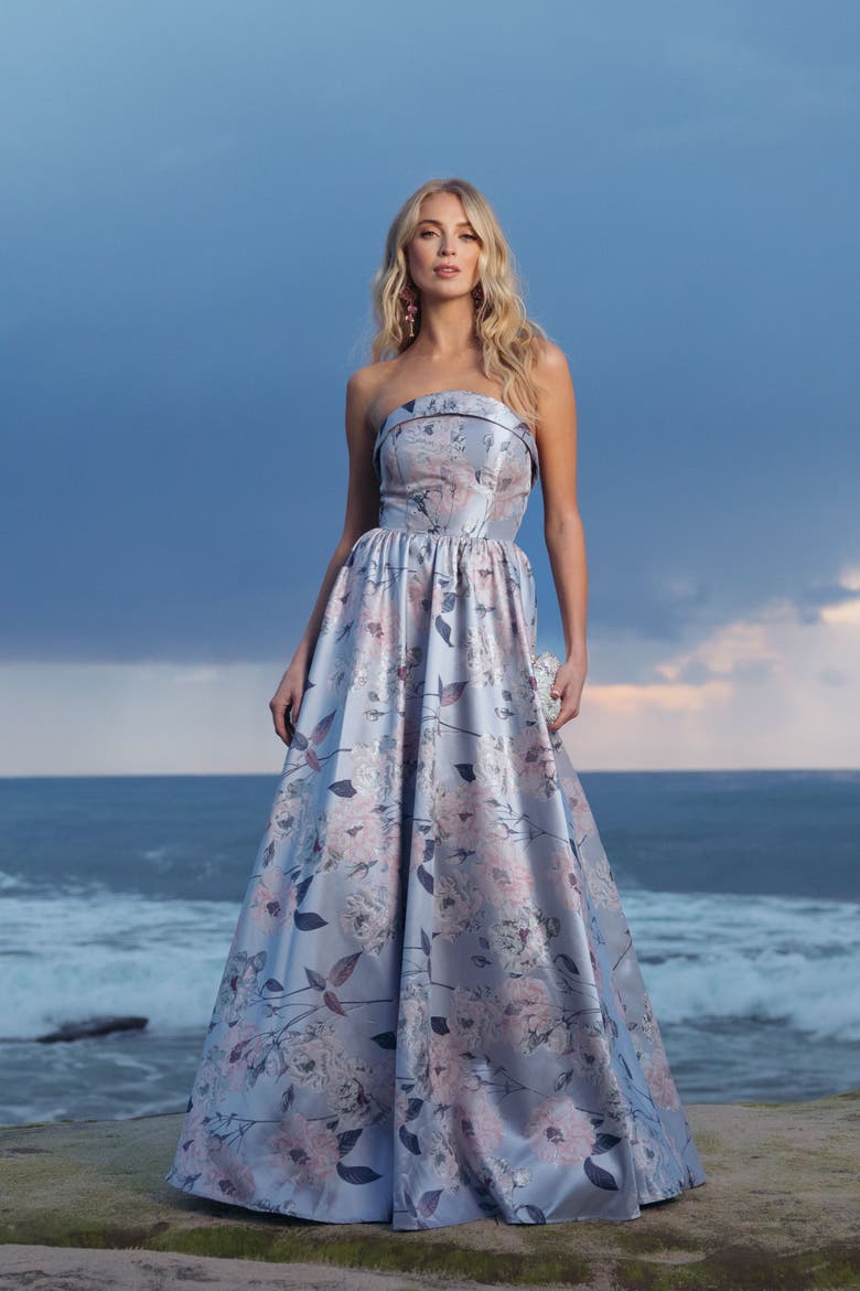 Floral Brocade Strapless A Line Ballgown, Alternate, color, Blue Multi