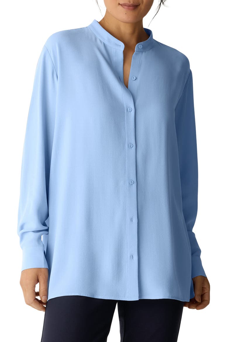 Band Collar Silk Button-Up Shirt, Main, color, SKYLIGHT