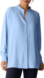 Eileen Fisher Band Collar Silk Button-Up Shirt