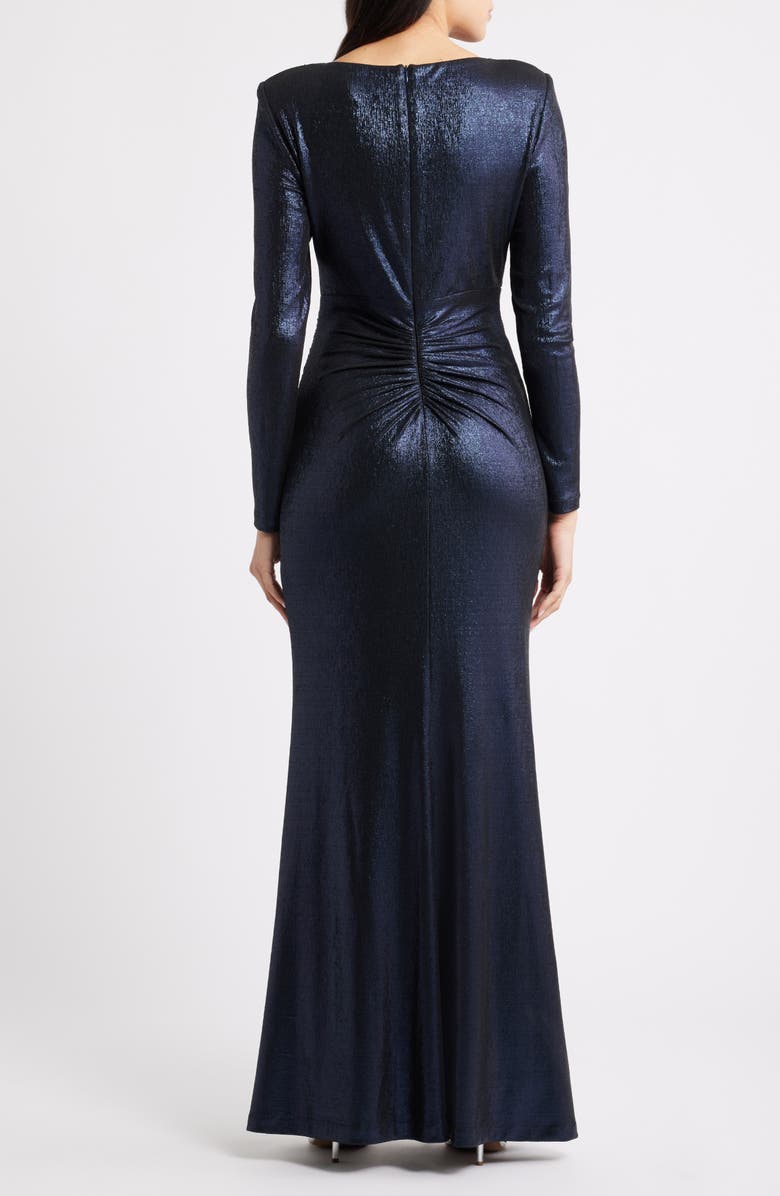 Eliza J Ruched Asymmetric Neck Long Sleeve Maxi Dress, Alternate, color, Navy