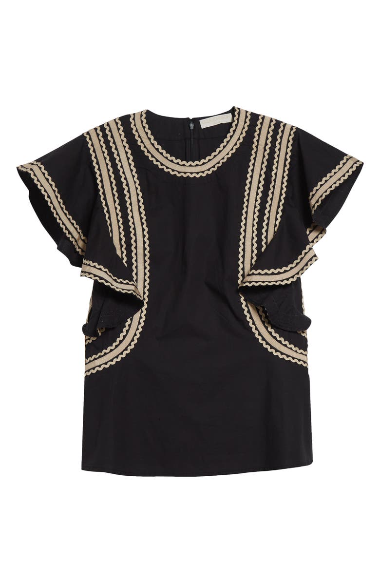 Ulla Johnson Anora Rickrack Trim Cotton Flutter Sleeve Top, Main, color, Noir
