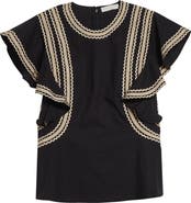 Ulla Johnson Anora Rickrack Trim Cotton Flutter Sleeve Top