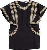 Ulla Johnson Anora Rickrack Trim Cotton Flutter Sleeve Top