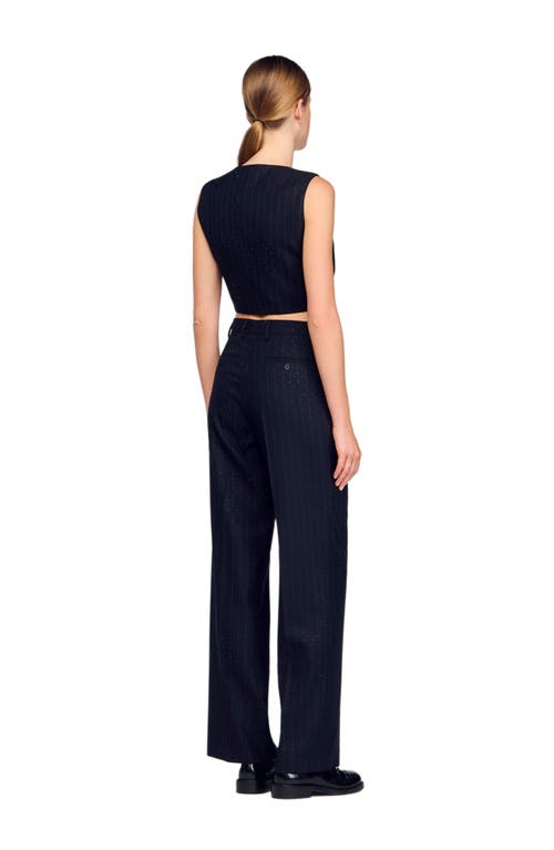 Sandro Striped Rhinestone Sleeveless Jacket In Blue