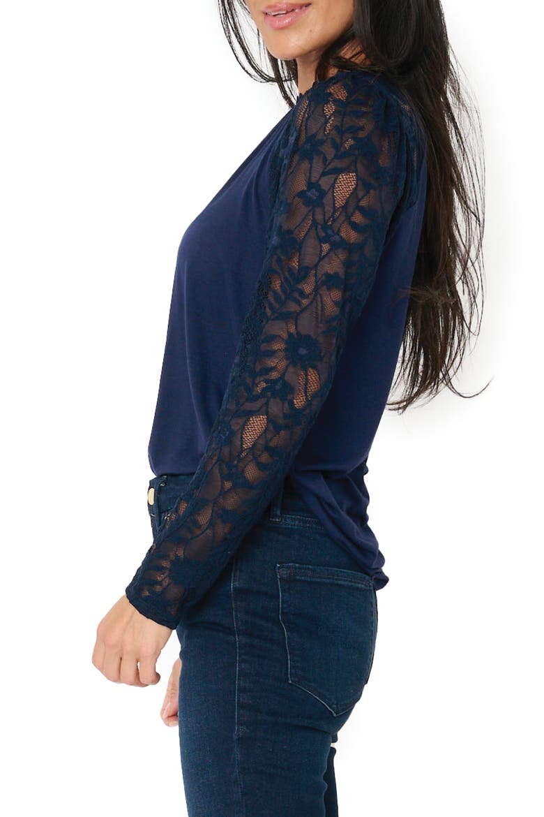 Cyndi Mix Velvet & Lace Sleeve Top, Alternate, color, ROYAL NAVY