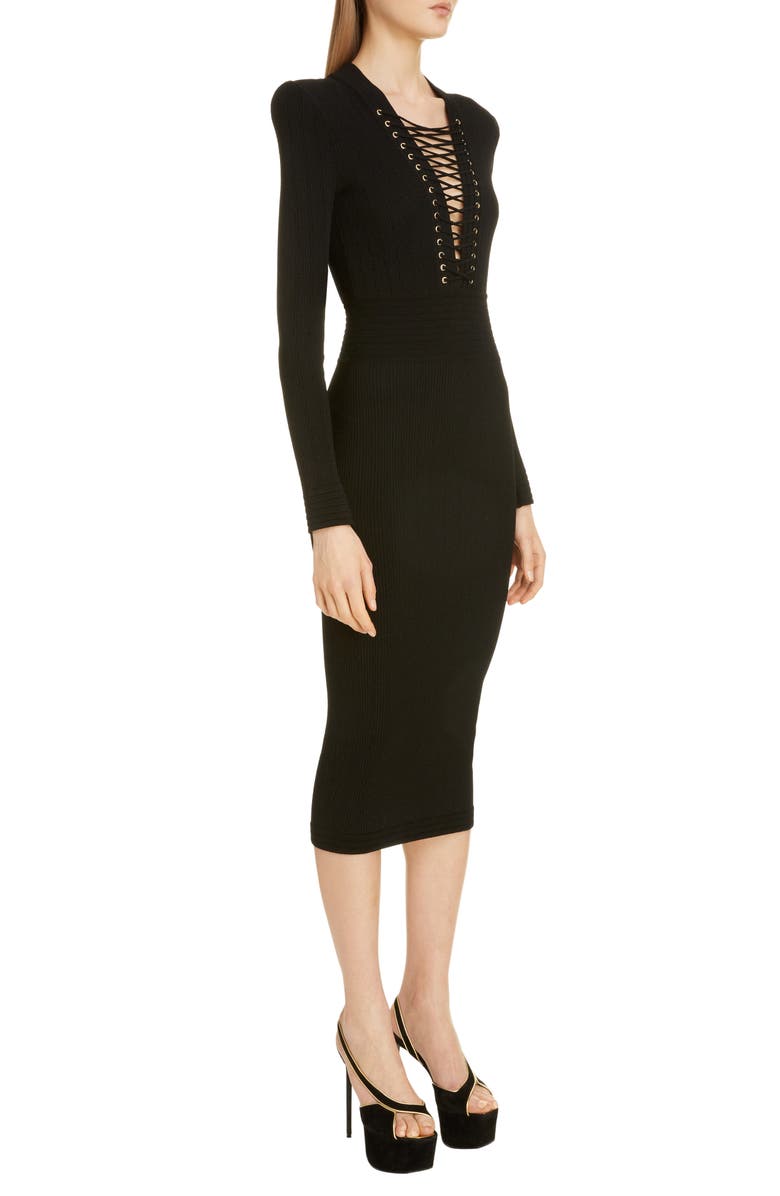 Balmain Lace-Up Long Sleeve Midi Sweater Dress, Alternate, color, 