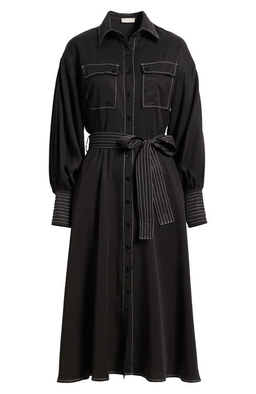 CIEBON CIEBON JANIE TOPSTITCH TIE WAIST LONG SLEEVE MIDI DRESS