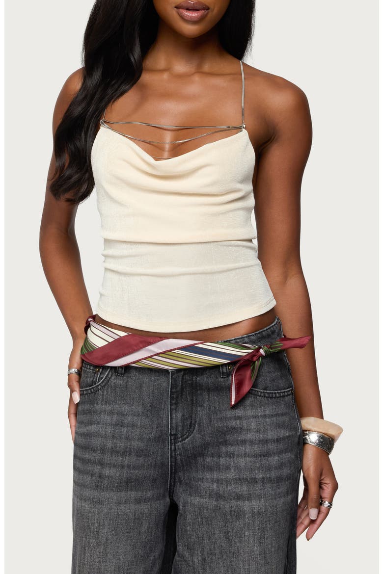 Khloey Plunge Cowl Neck Chain Crop Halter Top, Main, color, CHAMPAGNE