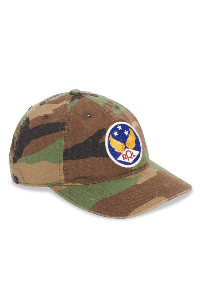 Double RL Camo Print Cotton Ripstop Snapback Baseball Cap, Main, color,