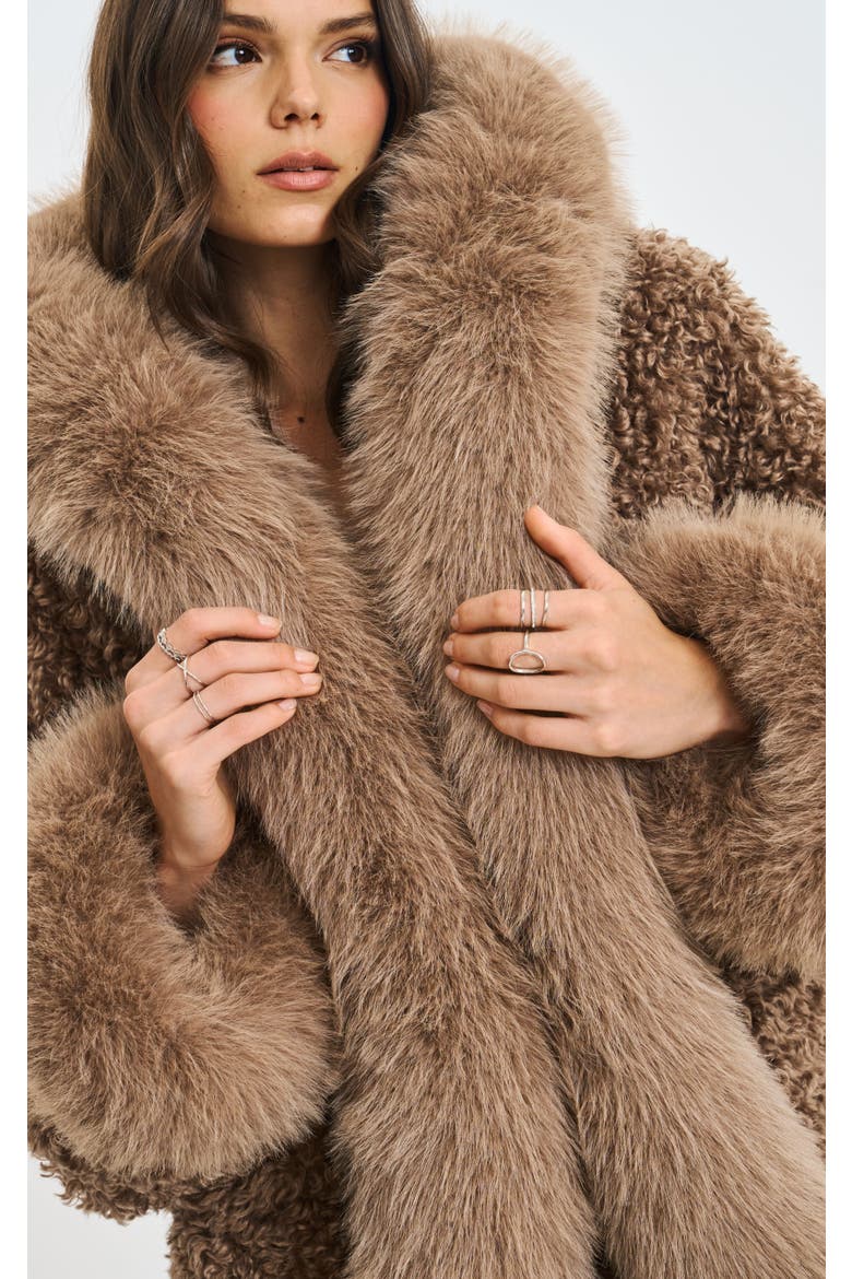 Faux Shearling Fur Jumbo Kali Hooded Coat, Alternate, color, Brown