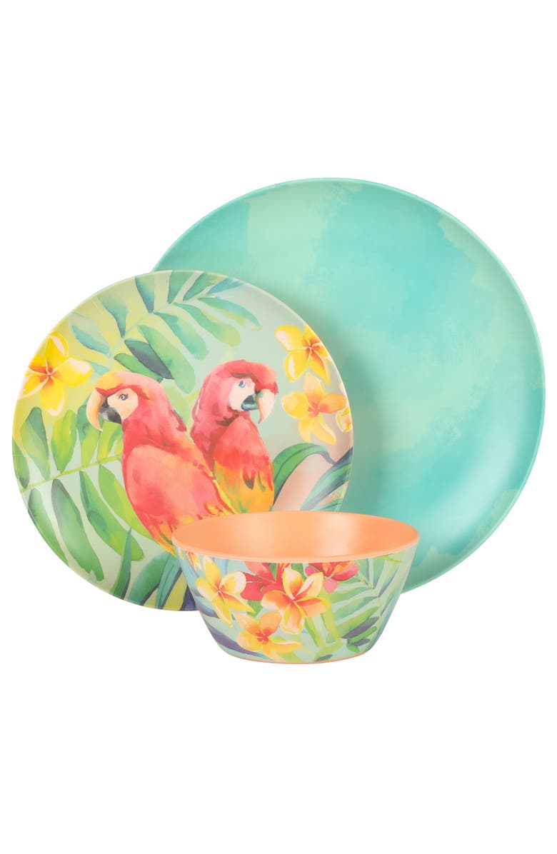 Laurie Gates Tropical Parrots 12 piece Melamine Dinnerware Set, Alternate, color, Assorted