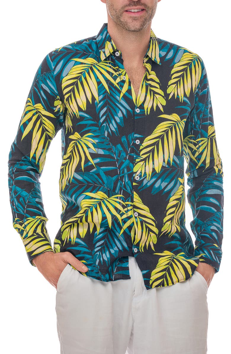 RANEES Linen Resort Button-Up Shirt, Main, color, Black