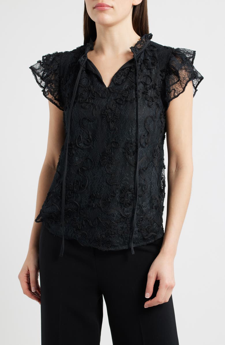 Anne Klein Ruffle Sleeve Lace Top, Main, color, Anne Black