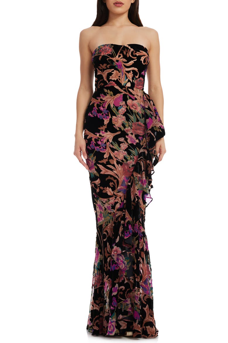 Paris Ruffle Strapless Gown, Main, color, BLACK MULTI