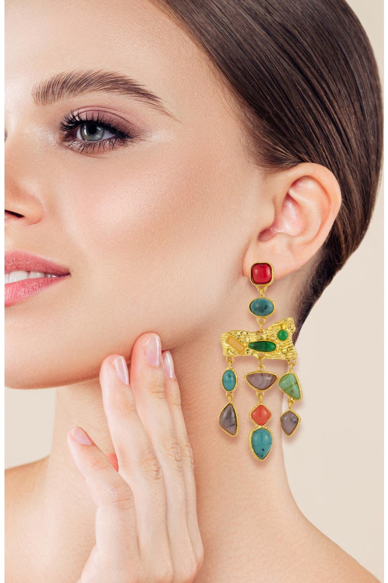 Mixed Resin Stone Statement Drop Earrings, Alternate, color, GOLD