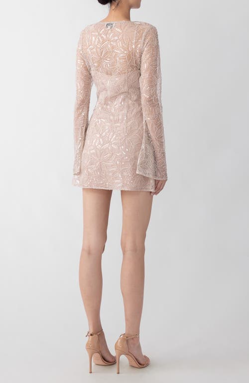 Sau Lee Odessa Beaded Floral Long Sleeve Cocktail Minidress In Beige