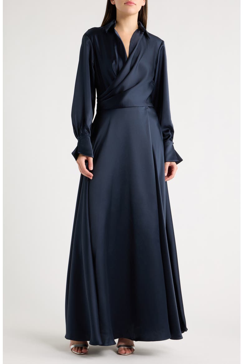 Spread Collar Long Sleeve Satin Gown, Main, color, NAVY