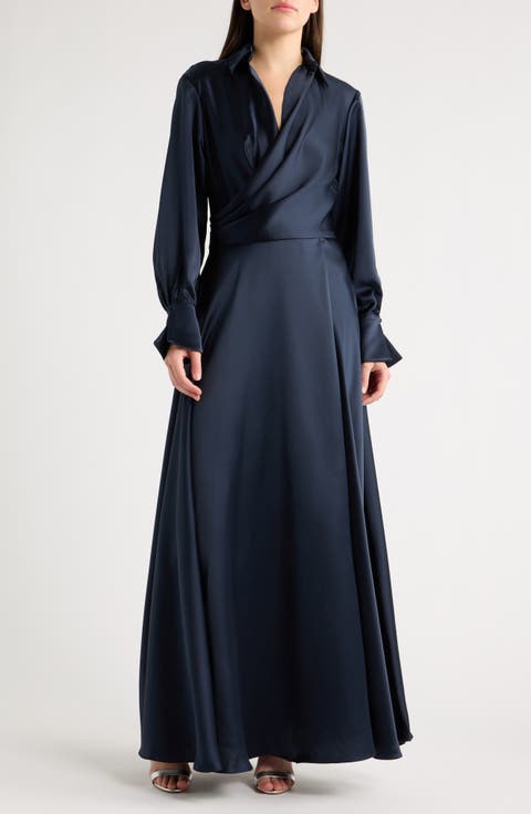 Spread Collar Long Sleeve Satin Gown