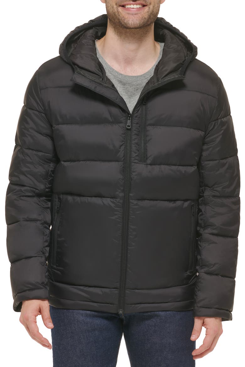 Hooded Nylon Puffer Jacket, Main, color, BLACK