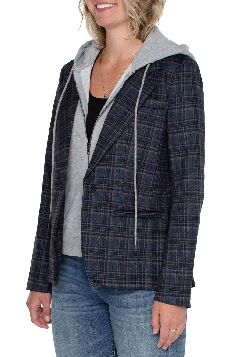 Plaid Boyfriend Blazer with Removable Hoodie Bib, Alternate, color, NAVY/ GREY