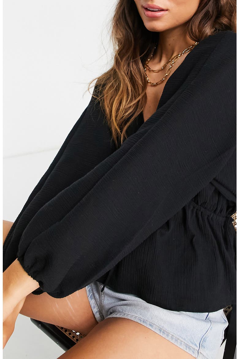 Drawstring Waist Cotton & Linen Top, Alternate, color, BLACK