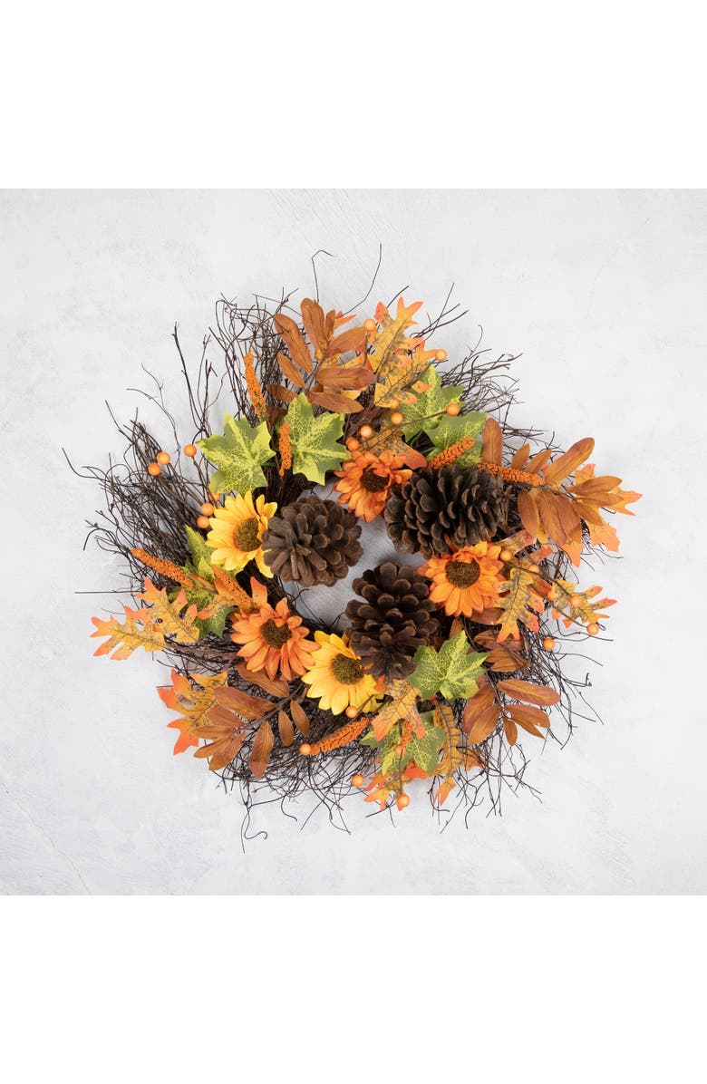Northlight Sunflowers and Pinecones Artificial Fall Harvest Twig Wreath - 24", Alternate, color, Orange
