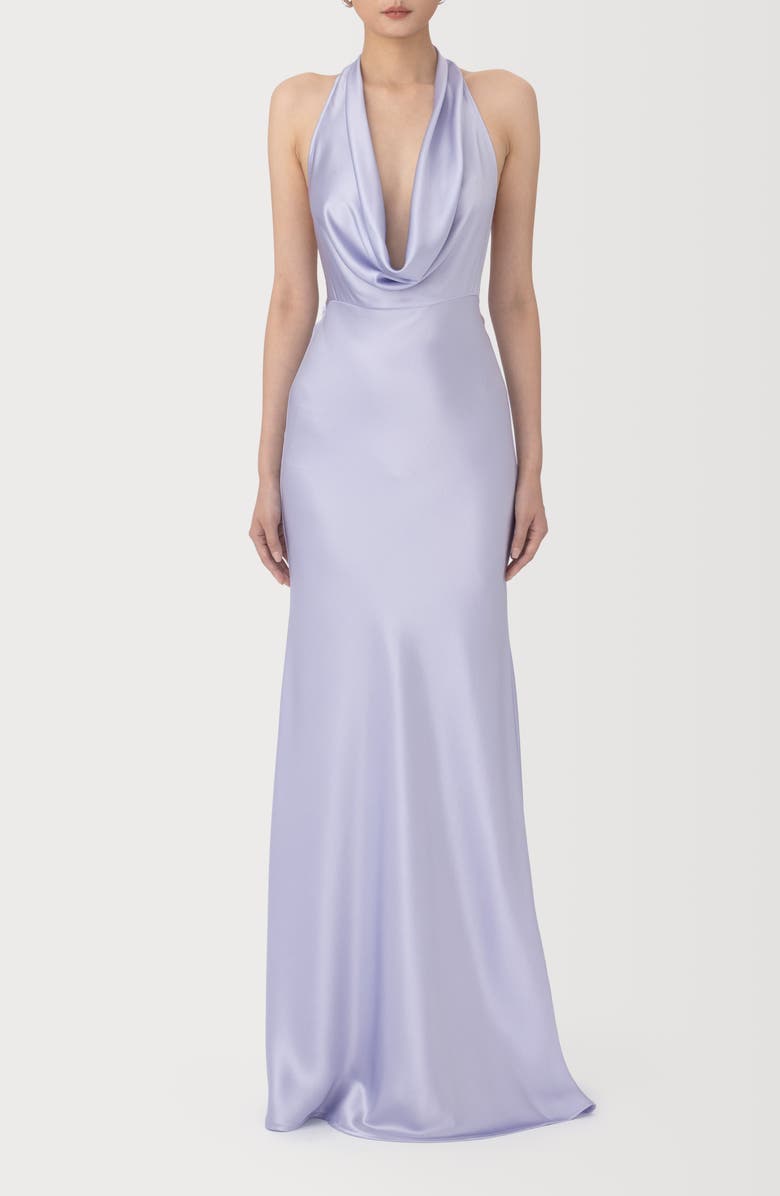 SAU LEE Pearl Cowl Halter Neck Satin Gown, Main, color, Dusty Lavender