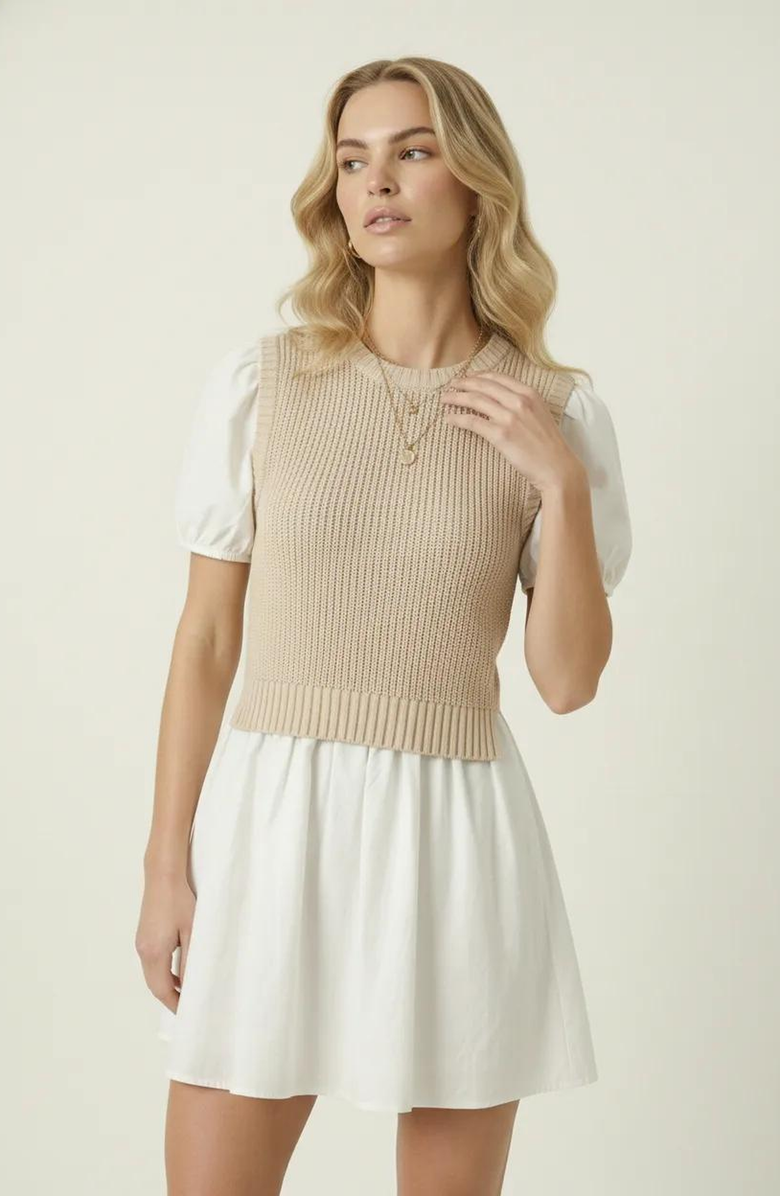 Modenaire Ribbed Sleeveless Sweater Dress with Puff Sleeves, Alternate, color, White