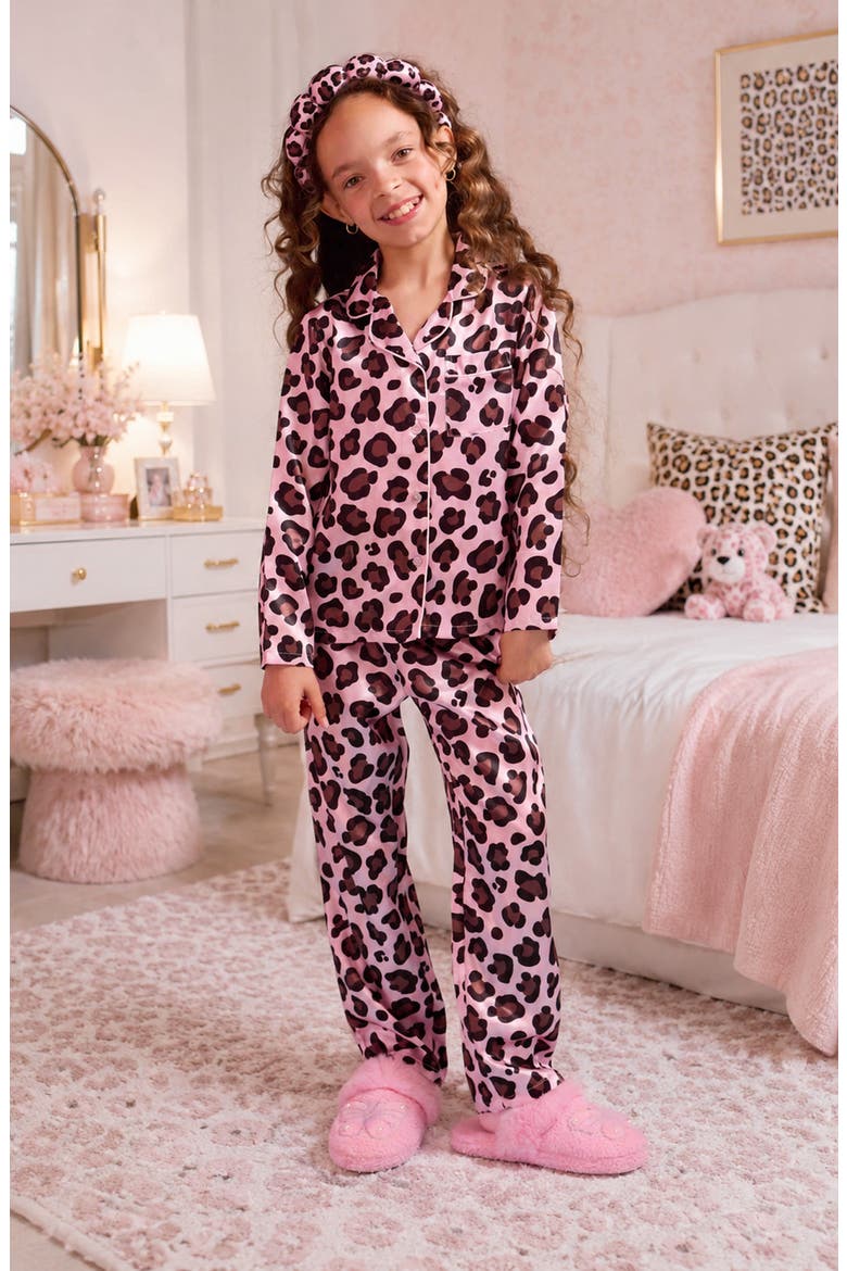 Kids' Leopard Satin Pajamas & Headband Set, Alternate, color, BROWN