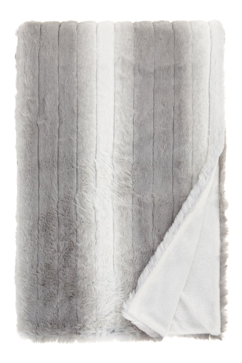 Stripe Faux Rabbit Fur Throw Blanket, Main, color, GREY FROST MULTI